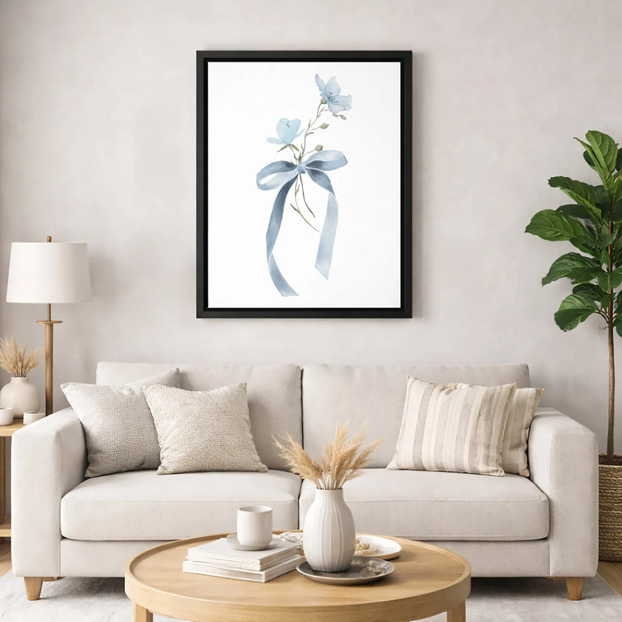 Watercolor Blue Flower Canvas Wall Art | Minimalist Botanical Bow Illustration | Premium Gallery Wrapped Print | Elegant Home Office Decor Gift
