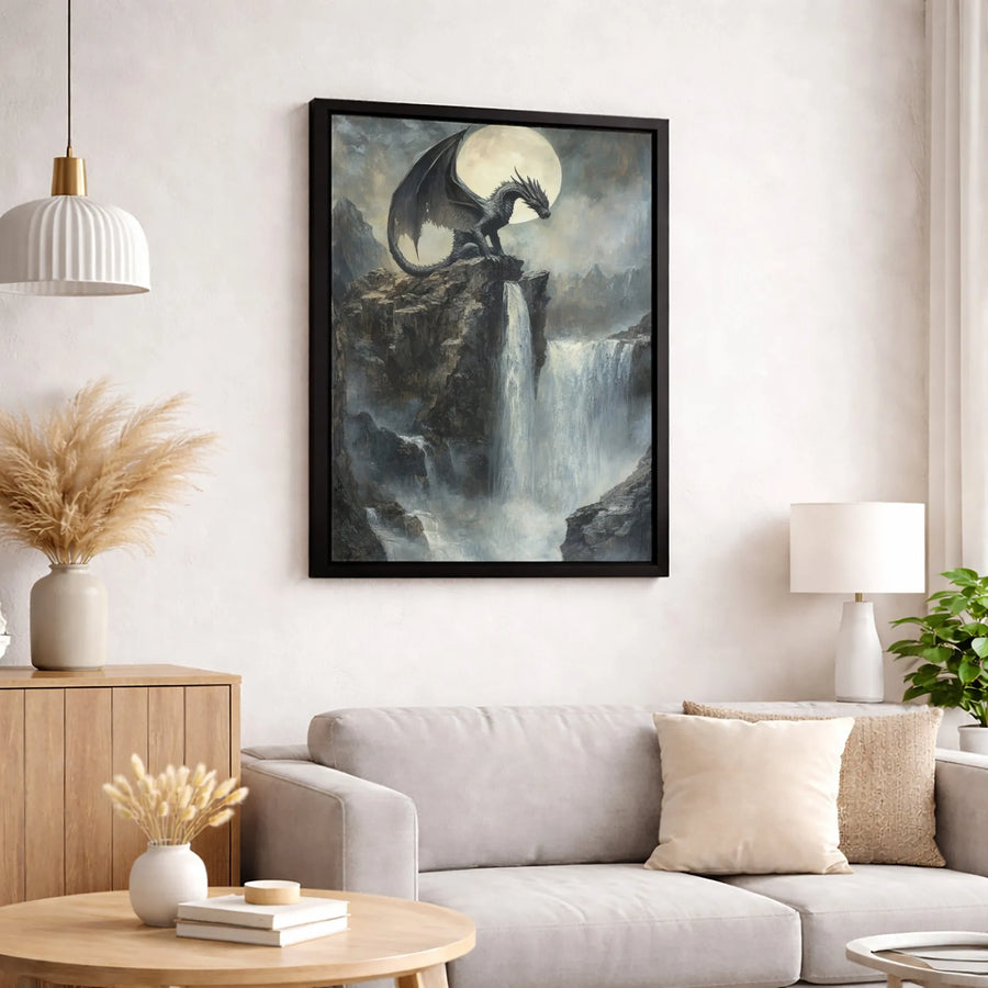 Dragon Wall Art Canvas | Moody Fantasy Landscape with Waterfall and Full Moon | Premium 1.25 inch Gallery Wrap | Gift for Fantasy Lovers