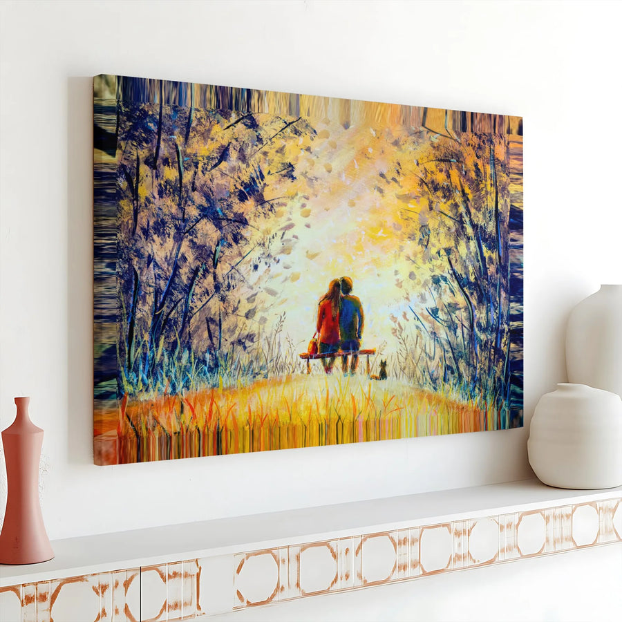 Romantic Couple On A Bench Canvas | Whimsical Fall Forest Love Painting | Premium Gallery Wrap Wall Art | Heartfelt Anniversary Gift For Her