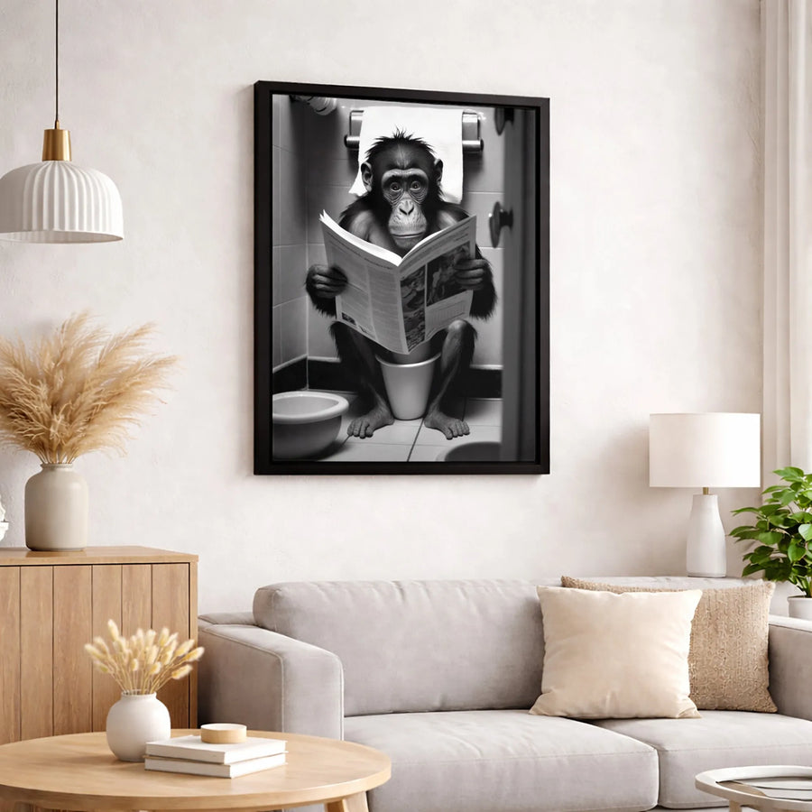 Funny Chimp Reading Newspaper Canvas | Bathroom Humor Wall Art | Premium Gallery Wrapped Print | Unique Gift for Monkey Lovers