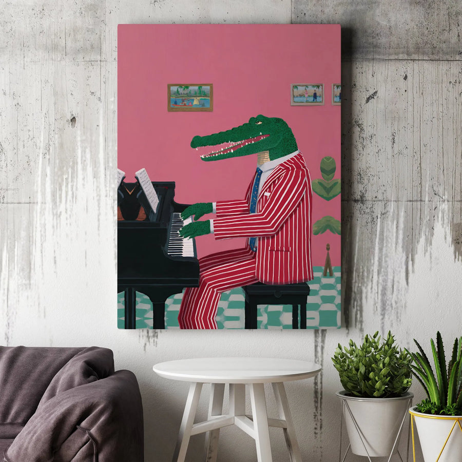 Crocodile Piano Player Canvas Art | Whimsical Animal Musician Print | Gallery Wrapped Premium Decor | Funny Jazz Music Lover Gift