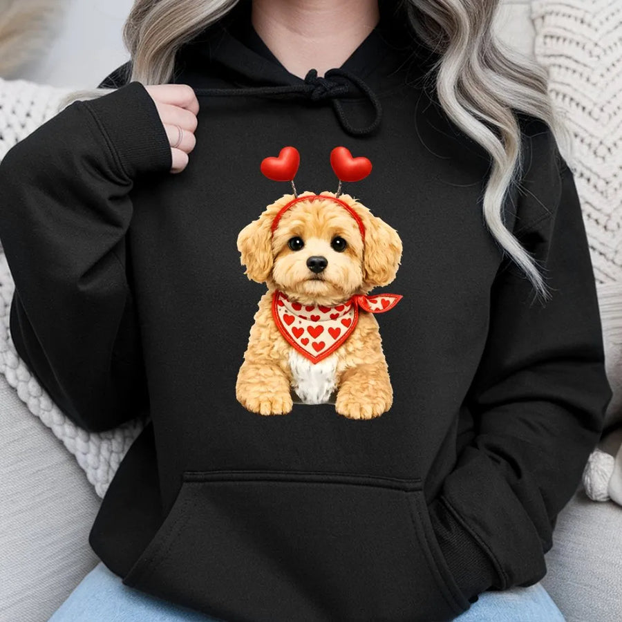 Valentine Dog Hoodie | Cute Puppy with Hearts Graphic Design | Premium Cotton-Poly Blend | Cozy Gift for Dog Lovers