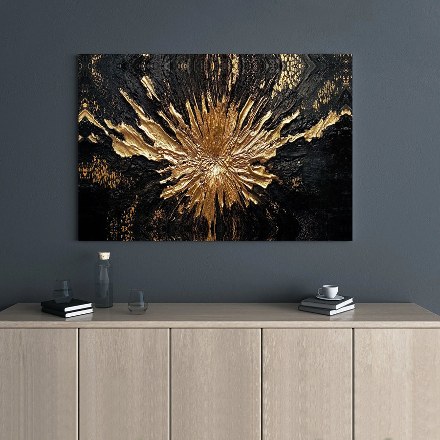 Black and Gold Abstract Canvas Wall Art | Modern Starburst Textured Oil Painting Print | Premium Gallery Wrapped Decor | Luxury Living Room Home Office Gift