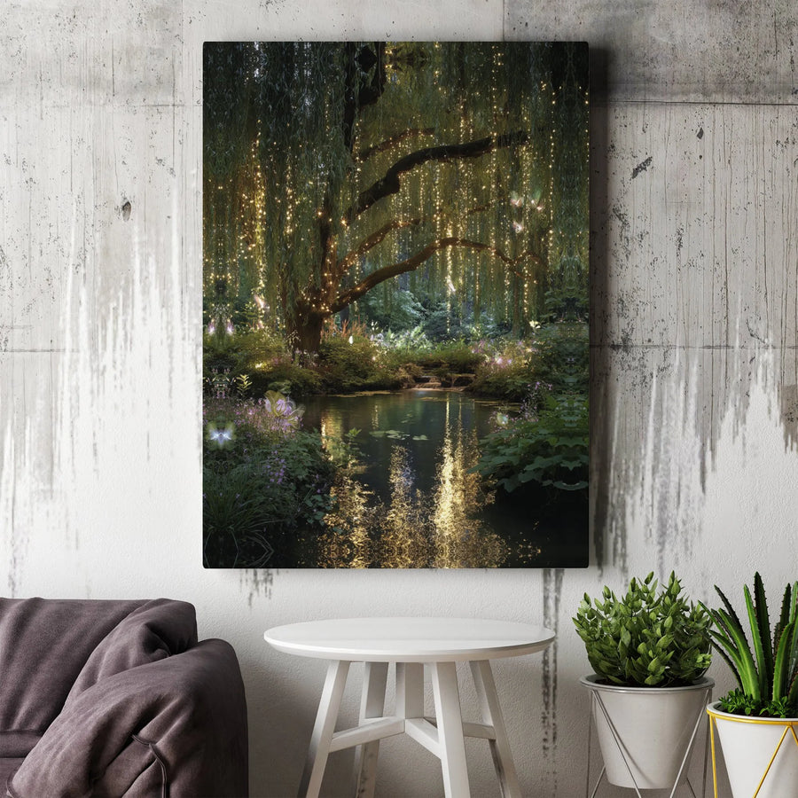 Enchanted Willow Tree Wall Art | Magical Fairy Forest Pond Canvas Print | Premium Fade-Resistant Gallery Wrap | Whimsical Home Decor Gift