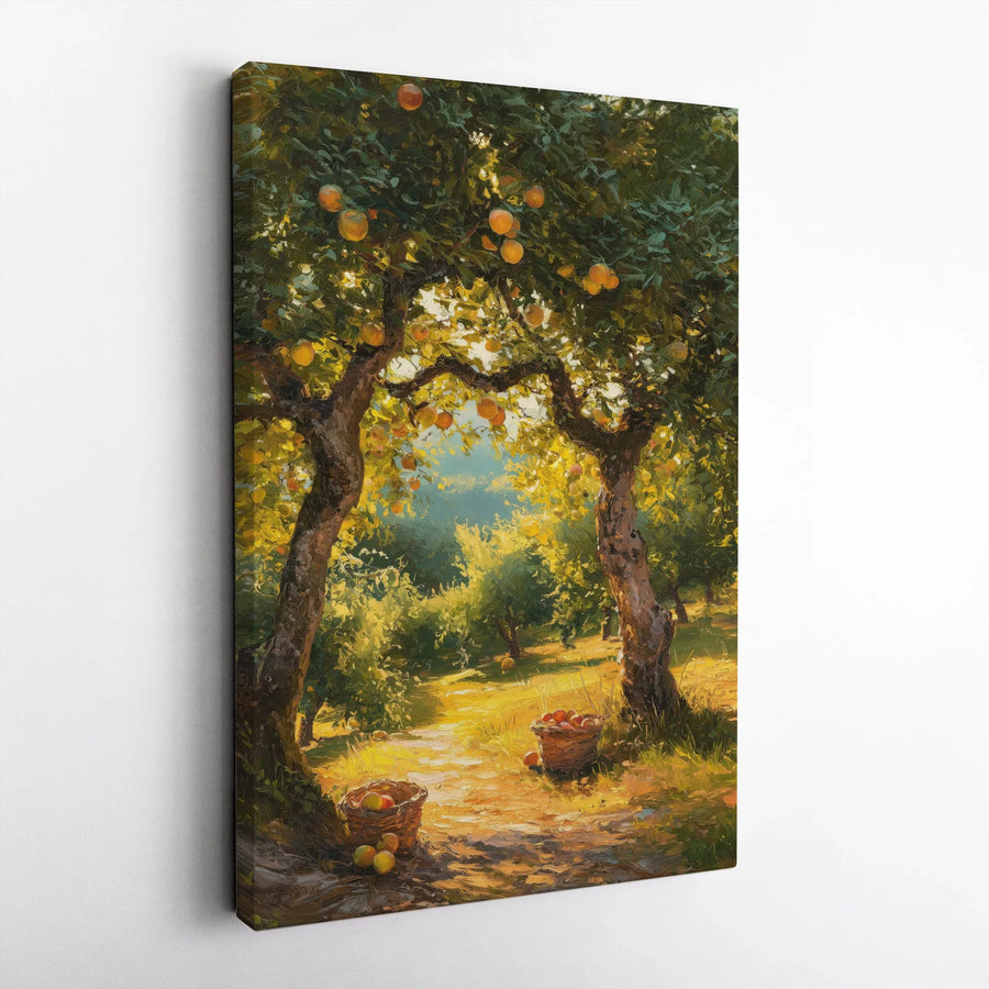 Orchard Harvest Vertical Canvas | Impressionist Landscape Painting | Premium Frameless Wall Art | Rustic Farmhouse Kitchen Decor Gift