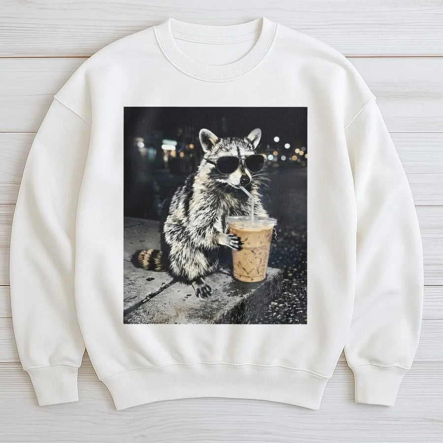Raccoon Coffee Sweatshirt | Funny Animal With Sunglasses Graphic | Premium Cotton Blend | Quirky Gift For Coffee Lovers And Nature Enthusiasts