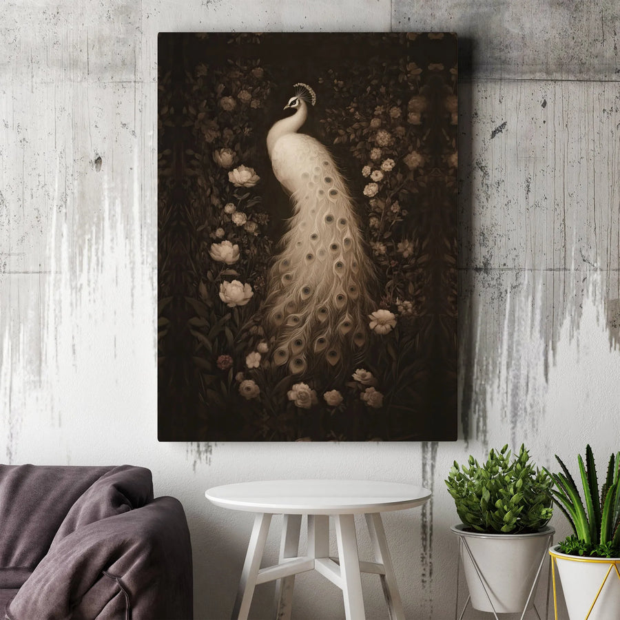 White Peacock Wall Art | Vintage Dark Floral Garden Canvas | Premium Gallery Wrap Print | Elegant Home Decor Gift For Bird Lovers