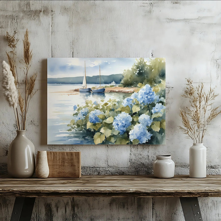 Watercolor Sailboat Wall Art | Coastal Blue Hydrangea Lakeside Landscape | Premium Gallery Wrapped Canvas | Serene Nautical Home Decor Gift