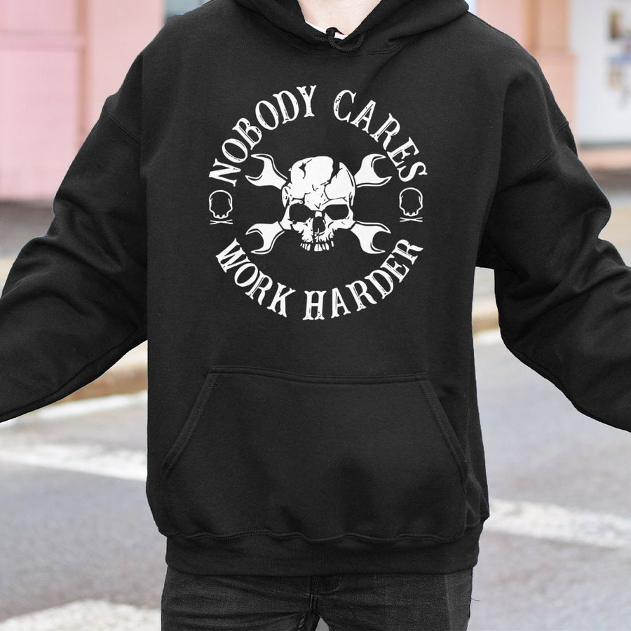 Nobody Cares Work Harder Hoodie | Mechanic Skull Wrench Graphic | Premium Cotton Blend | Motivational Gym Fitness Gift for Men and Women