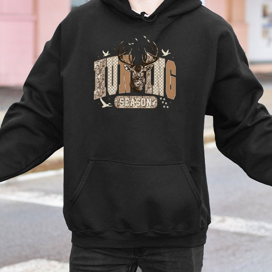 Hunting Season Hoodie | Vintage Deer Camo Graphic Print | Soft Cotton-Polyester Blend | Trendy Fall Wildlife Apparel Gift For Hunters