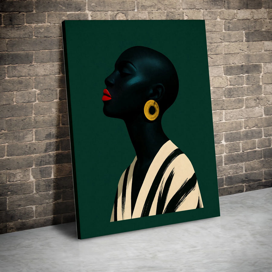 Black Woman Canvas Wall Art | Modern Minimalist Portrait with Gold Earring | Premium Thick Gallery Wrap | African American Art Gift for Living Room