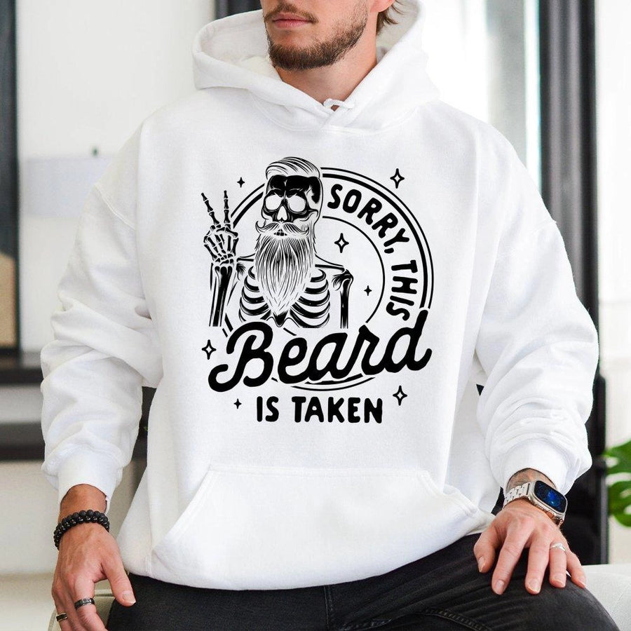 Sorry This Beard Is Taken Hoodie | Funny Skeleton Bearded Man Graphic | Premium Cotton Blend Unisex Sweatshirt | Great Gift for Husband or Boyfriend
