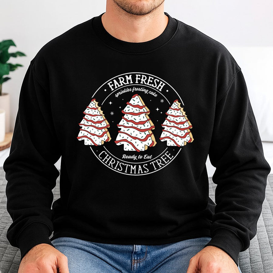 Farm Fresh Christmas Tree Cakes Sweatshirt | Retro Holiday Snack Graphic | Unisex Premium Cotton Blend | Funny Christmas Baking Gift
