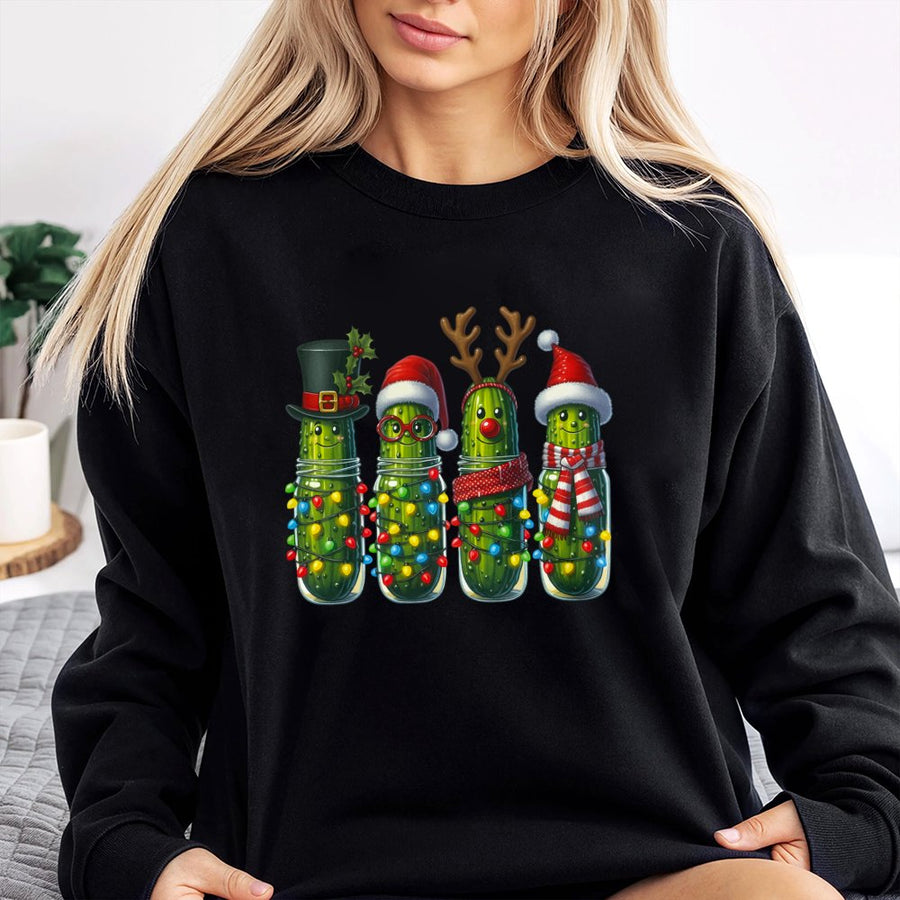Christmas Pickle Sweatshirt | Funny Holiday Pickle Jar with Lights Design | Premium Cotton-Blend | Festive Gift for Pickle Lovers