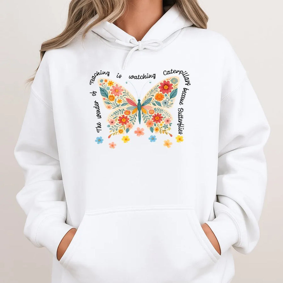 Teacher Butterfly Hoodie | Floral Watercolor Graphic with Inspirational Quote | Premium Comfort Colors Cotton | Back to School Gift for Educator