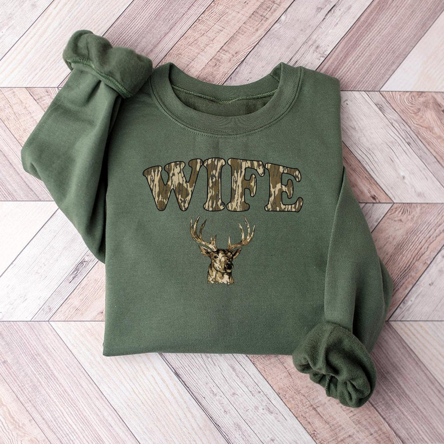 Wife Deer Hunting Sweatshirt | Camo Lettering & Antler Graphic | Premium Cotton Blend | Gift for Hunter Wife & Outdoorswoman