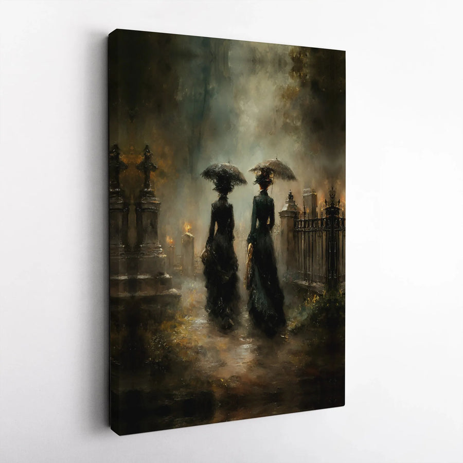 Gothic Cemetery Canvas Wall Art | Moody Victorian Women With Umbrellas | Gallery Quality Fade-Resistant Print | Dark Academia Home Decor Gift