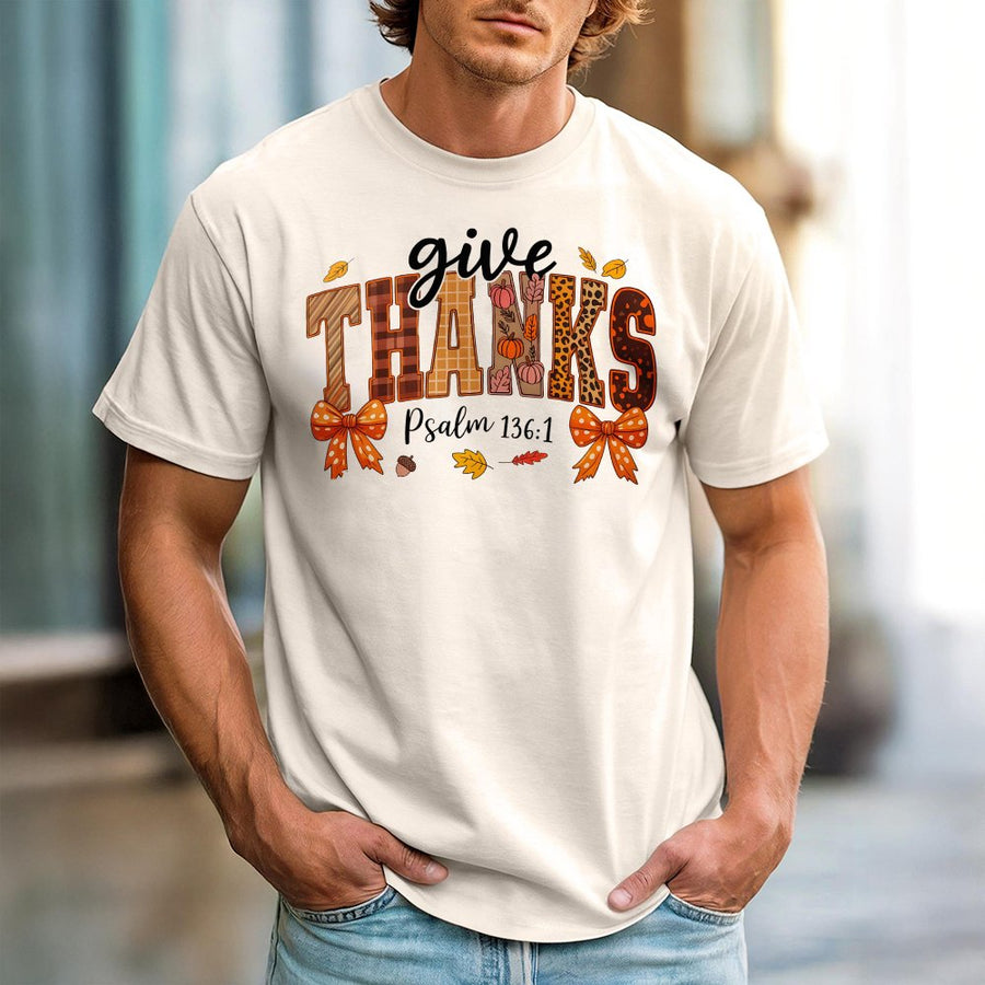 Give Thanks Psalm 136:1 T-Shirt | Fall Aesthetic Coquette Bow Design | Premium 100% Cotton Tee | Thanksgiving Christian Gift for Her
