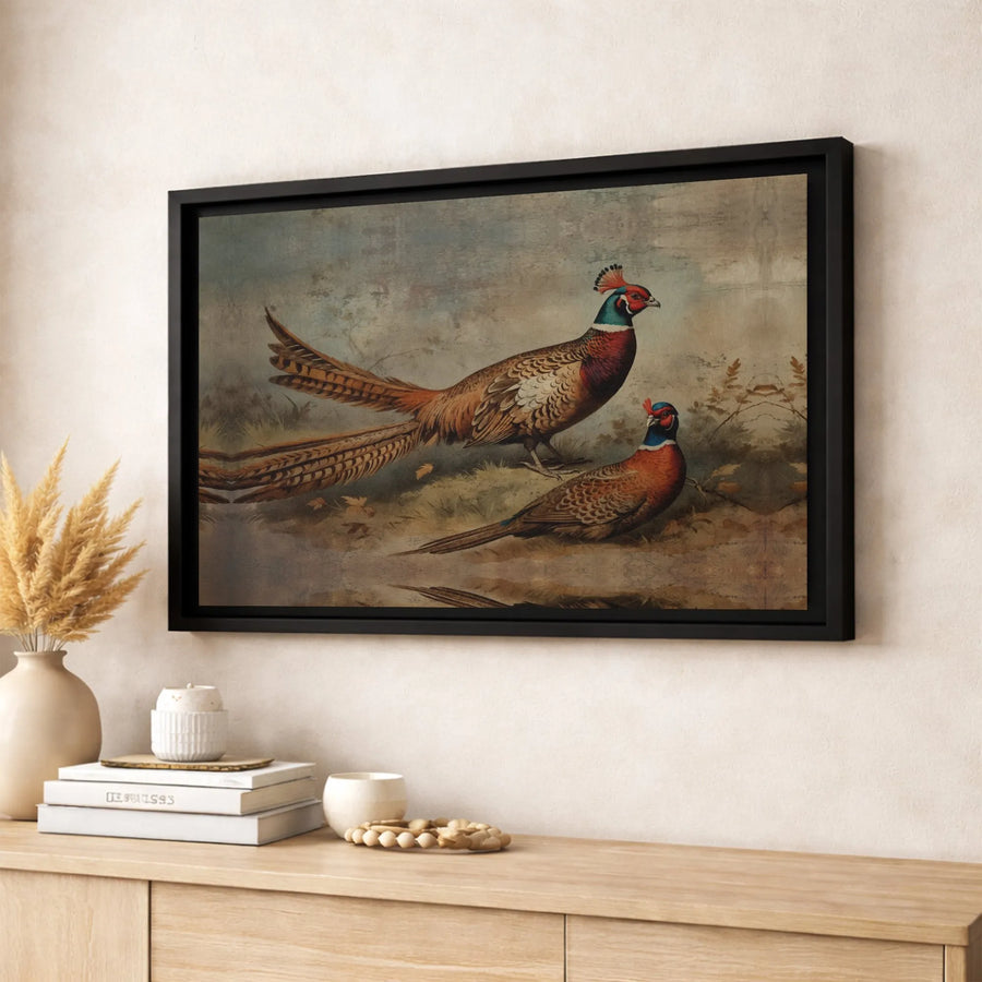 Pheasant Wildlife Painting | Vintage Botanical Bird Wall Art | Premium Gallery Wrapped Canvas | Rustic Farmhouse Home Decor Gift