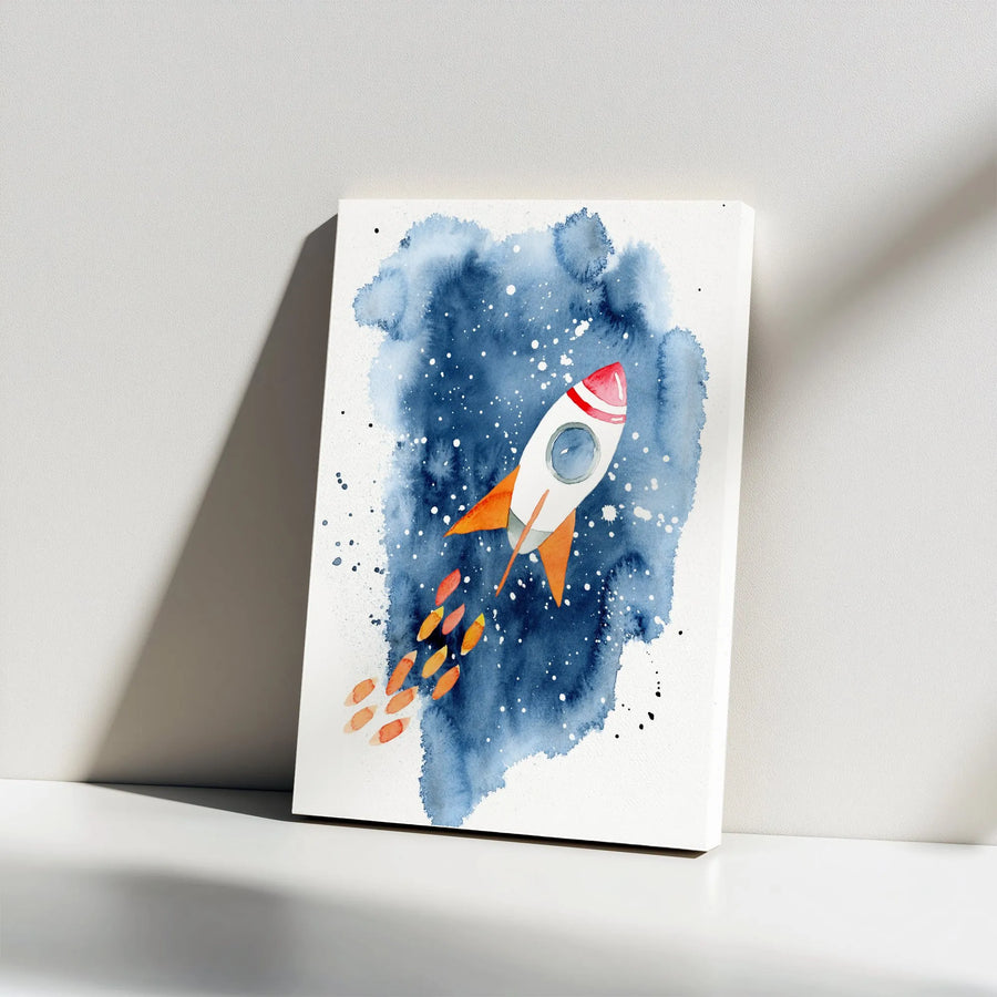 Rocket Ship Vertical Canvas | Watercolor Galaxy Art | Premium 1.25" Thick Gallery Wrap | Kids Nursery & Boys Room Decor Gift