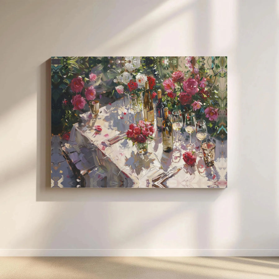 Impressionist Wine Garden Canvas Art | Romantic Floral Dining Scene | Premium 1.25-Inch Gallery Wrap | Elegant Home Decor Wall Hanging
