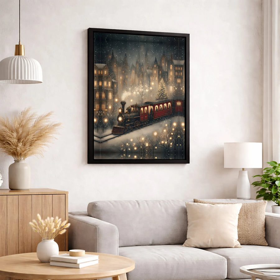 Christmas Steam Train Canvas Wall Art | Snowy Village Winter Scene | Premium Gallery Wrap Print | Festive Holiday Home Decor Gift