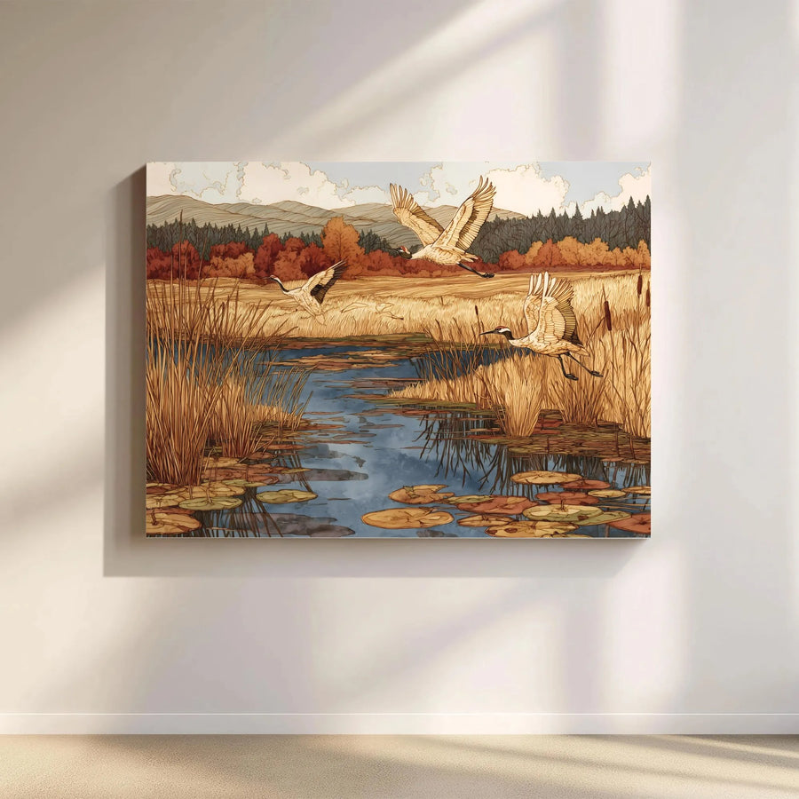 Japanese Cranes Canvas Wall Art | Autumn Marshland Landscape Print | Premium 1.25-Inch Gallery Wrap | Serene Nature Decor for Living Room