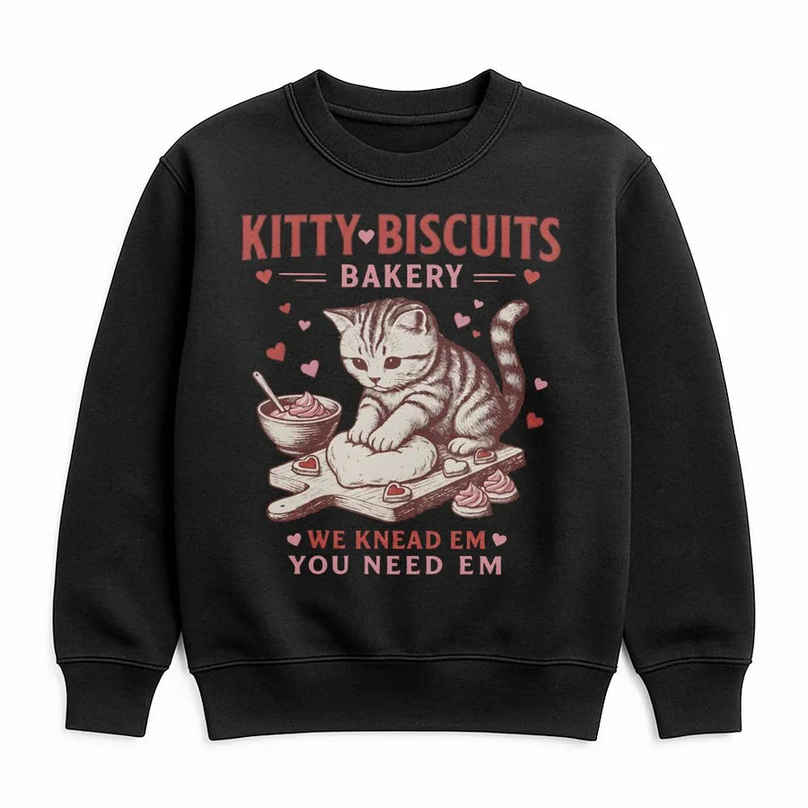 Kitty Biscuits Bakery Sweatshirt | Cute Kitten Kneading Dough Graphic | Premium Cotton Blend | Funny Valentine Cat Lover Gift