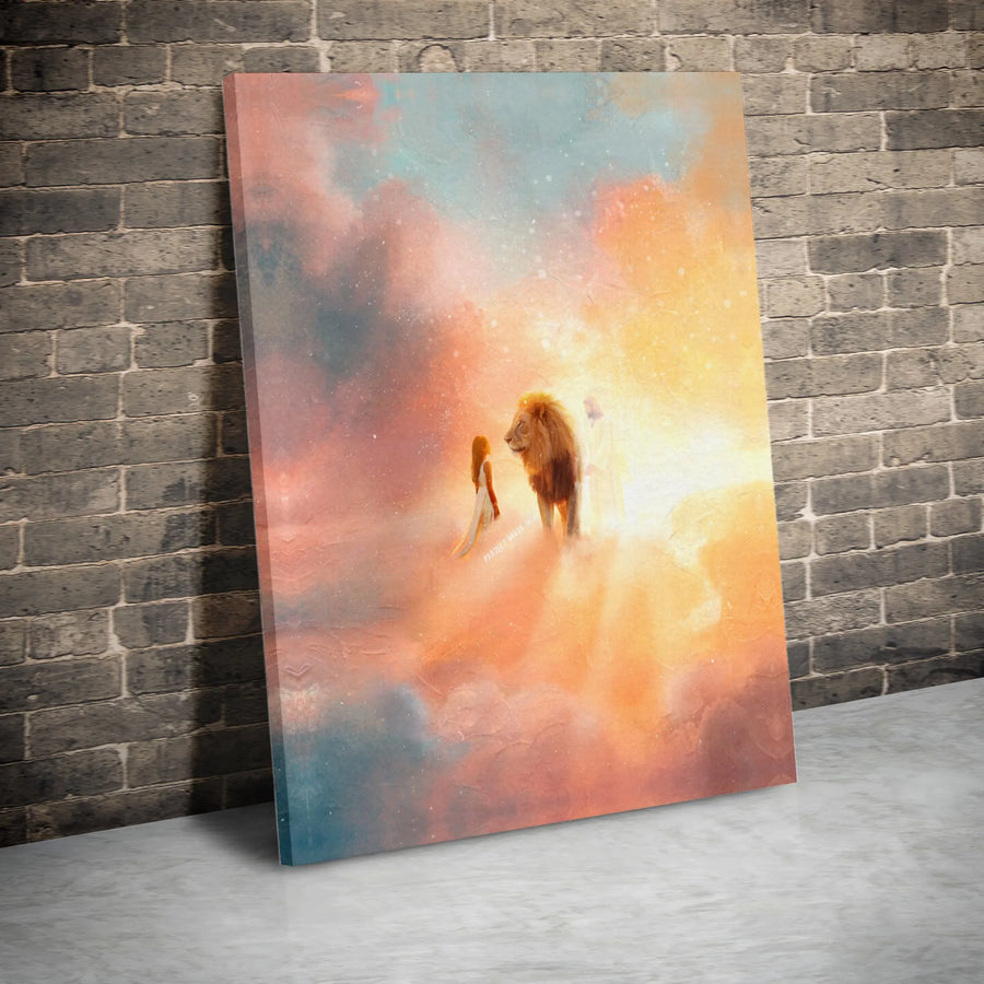 Lion of Judah Canvas Print | Jesus and Woman Heavenly Clouds Art | Premium Fade-Resistant Wall Decor | Spiritual Religious Gift for Home