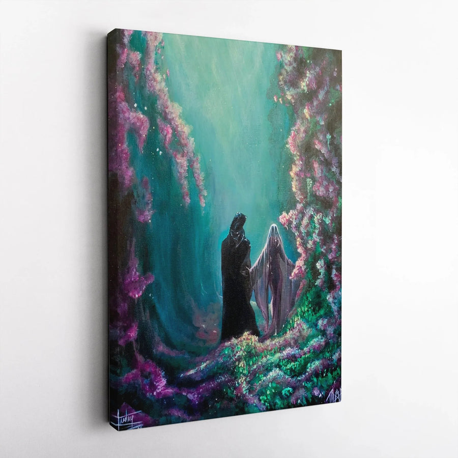 Mystical Forest Fantasy Canvas Art | Two Cloaked Figures In Enchanted Garden | Premium Gallery Wrap Wall Decor | Gothic Romantic Gift For Her