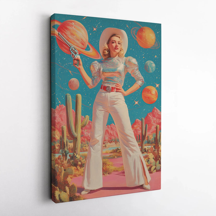Space Cowgirl Canvas Print | Retro Sci-Fi Western Art | Premium Gallery Wrapped Canvas | Eclectic Home Decor Gift