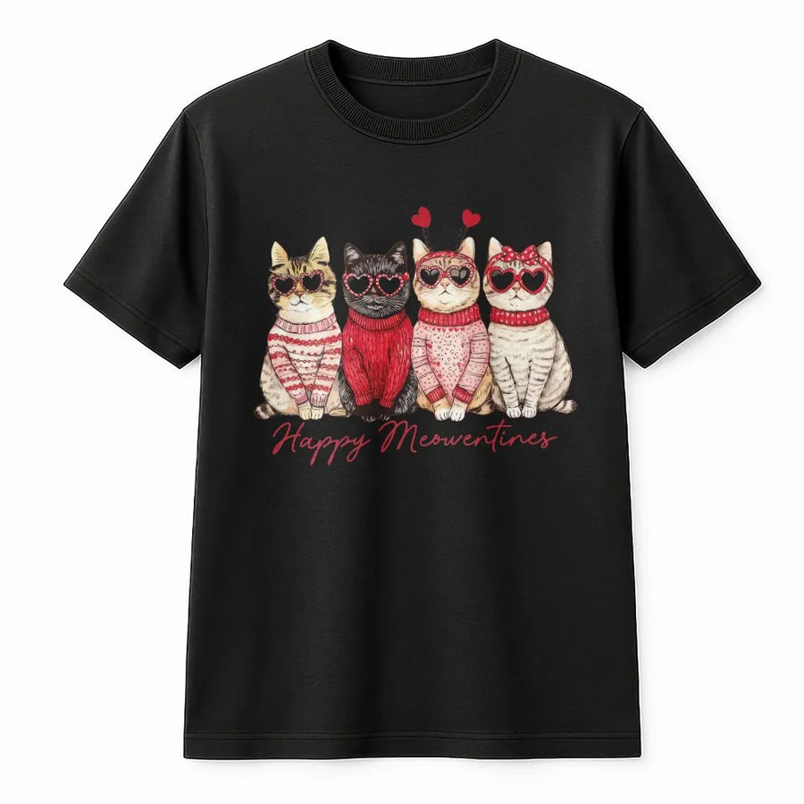 Valentine Cat T-Shirt | Happy Meowentines Graphic | Soft Cotton Premium Tee | Cute Animal Gift for Cat Lovers
