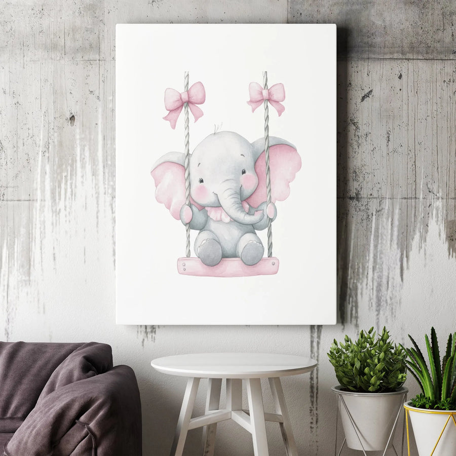 Baby Elephant Nursery Wall Art | Cute Watercolor Animal on Swing | Premium Gallery Canvas | Perfect Baby Shower Gift for Girls Room