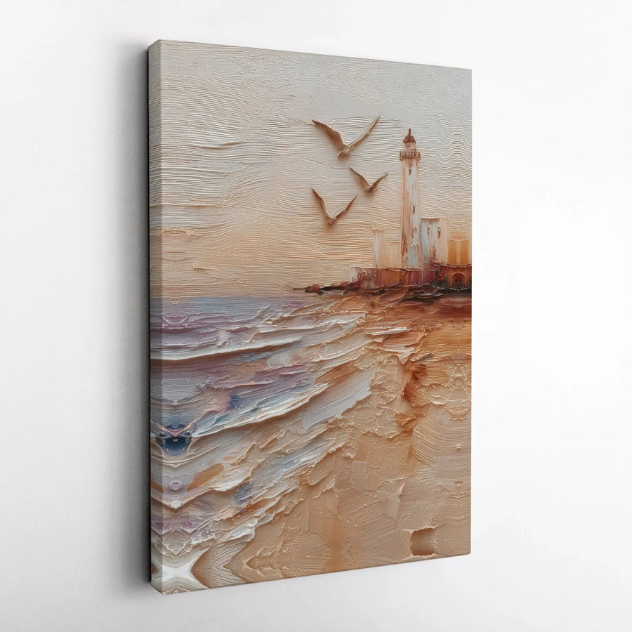 Coastal Lighthouse Canvas Wall Art | Modern Impasto Beach Scene | Thick Gallery Wrapped Canvas | Premium Beach House Wall Decor