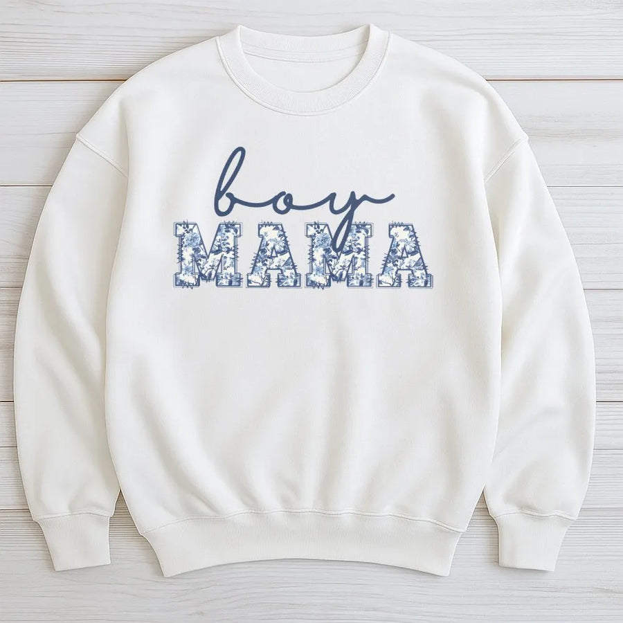 Boy Mama Sweatshirt | Blue Toile Floral Lettering | Premium Soft Cotton Blend | Baby Shower Gift for New Mom & Pregnancy Announcement