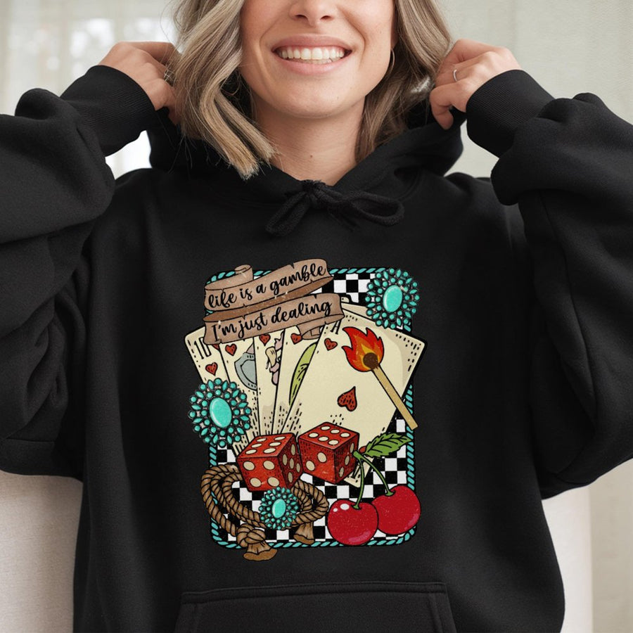 Life Is A Gamble Hoodie | Retro Western Cowboy Graphic | Premium Cotton Blend | Country Style Gift For Cowgirls