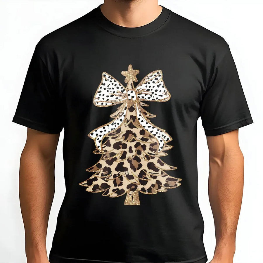 Leopard Print Christmas Tree T-Shirt | Festive Polka Dot Bow Graphic | Soft Cotton Holiday Apparel | Cute Women's Winter Gift