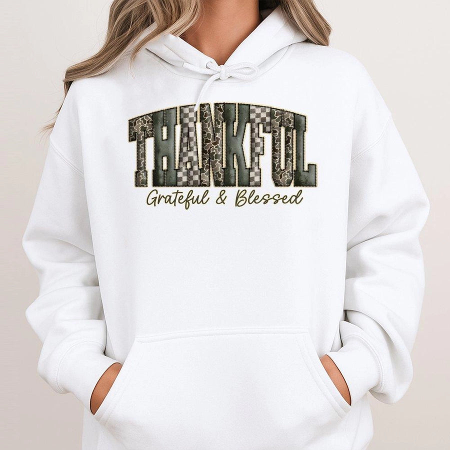 Thankful Grateful Blessed Hoodie | Camo Checkered Western Print | Premium Cotton Blend | Thanksgiving Fall Gift for Men and Women