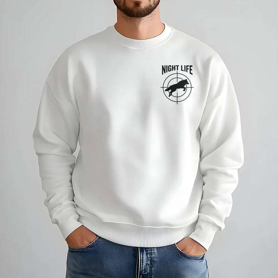 Night Life Wolf Sweatshirt | Hunter Scope Graphic Pullover | Premium Cotton Blend | Gift for Outdoor & Wildlife Enthusiast