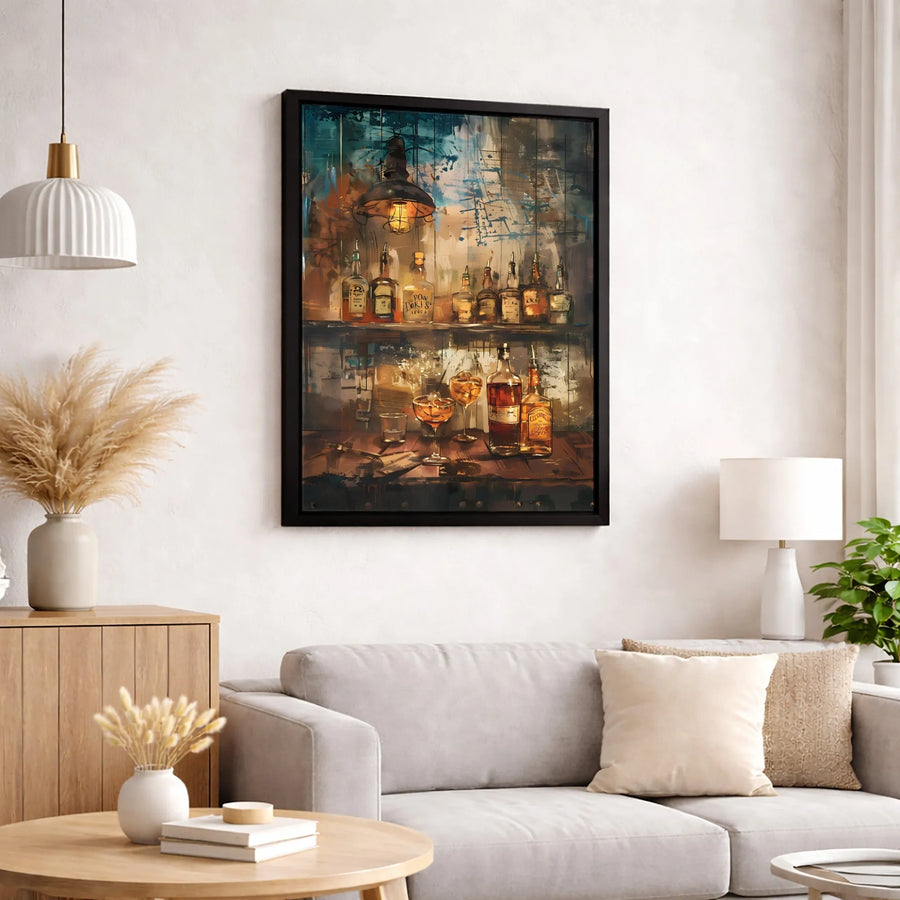 Whiskey Bar Wall Art | Abstract Liquor Bottle Canvas Print | Premium Gallery Wrapped Decor | Modern Home Bar and Man Cave Gift