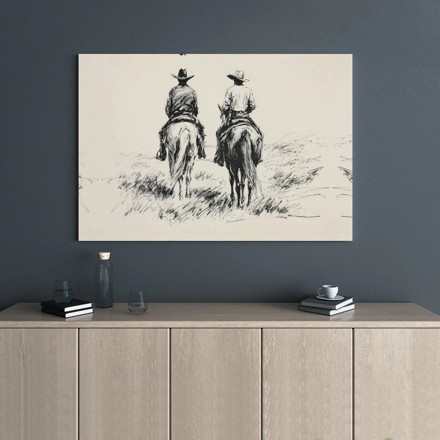 Western Cowboy Wall Art | Two Cowboys Riding Horses Sketch Print | Premium Gallery Wrapped Canvas | Rustic Home Decor Gift for Him
