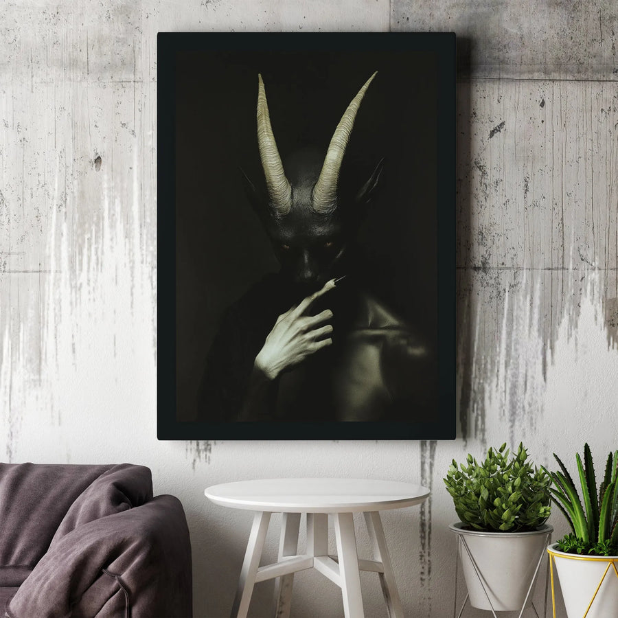 Dark Demon Wall Art | Shushing Horned Figure Gothic Portrait | 1.25" Gallery Wrapped Canvas | Macabre Home Decor Gift for Occult Enthusiasts