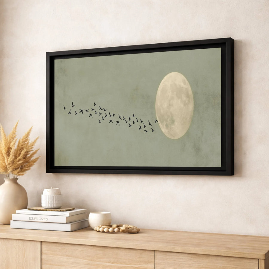 Full Moon Canvas Wall Art | Flock of Birds Minimalist Silhouette | Premium Gallery Wrap Print | Modern Nature Decor for Living Room Bedroom
