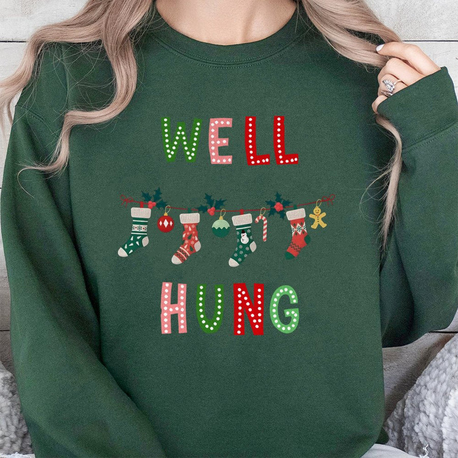 Well Hung Christmas Sweatshirt | Funny Double Entendre Holiday Sweater | Unisex Premium Cotton Blend | Naughty Humorous Gift For Couples