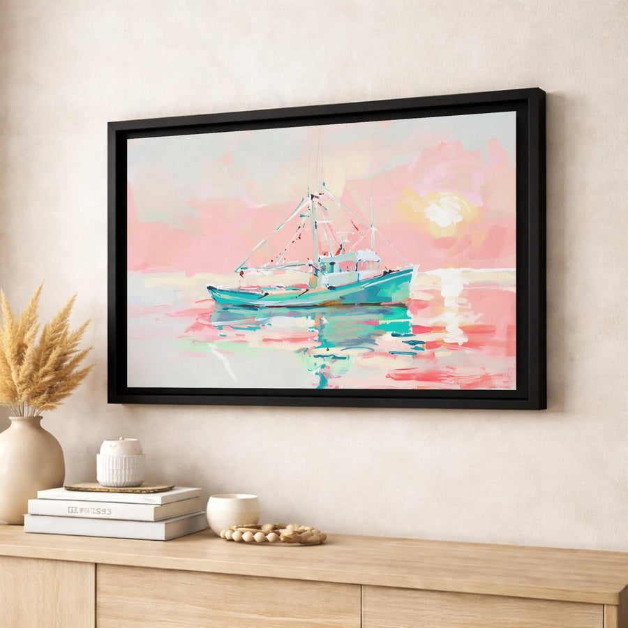 Coastal Fishing Boat Canvas Wall Art | Pink Sunset Impressionist Print | Premium Gallery Wrapped Decor | Nautical Home Office Gift