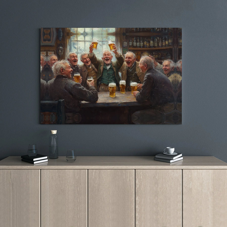 Old Friends Drinking Beer Canvas Print | Pub Scene Wall Art | Gallery Wrapped Premium Canvas | Man Cave Decor Gift for Him