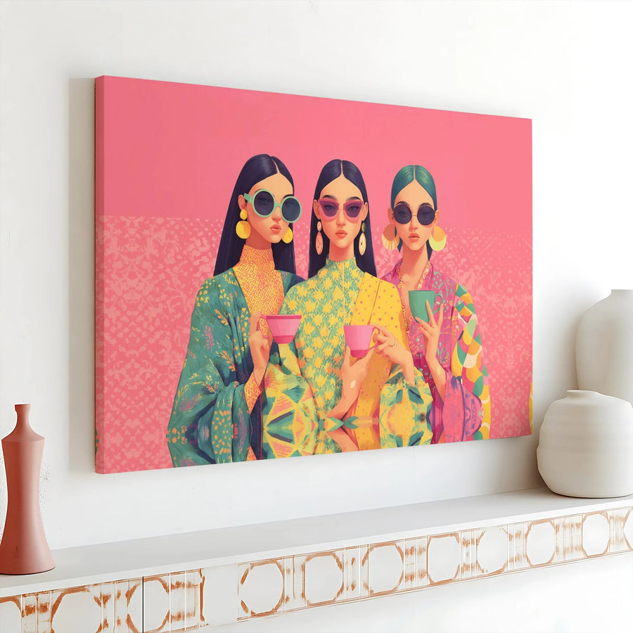 Fashionable Women Canvas Print | Three Girls Drinking Tea Wall Art | 1.25-Inch Gallery Wrap Decor | Stylish Pop Art Gift for Her Home Office