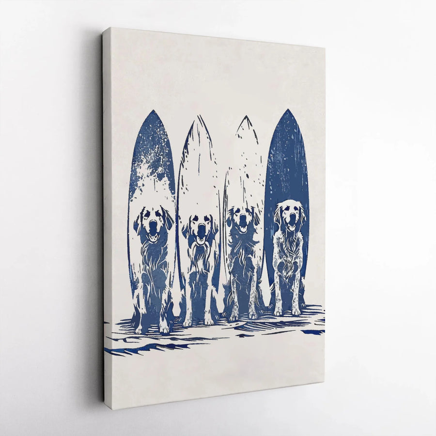 Golden Retriever Surf Wall Art | Coastal Dog Surfing Linocut Print | Premium Gallery Wrap Canvas | Beach House Decor Gift