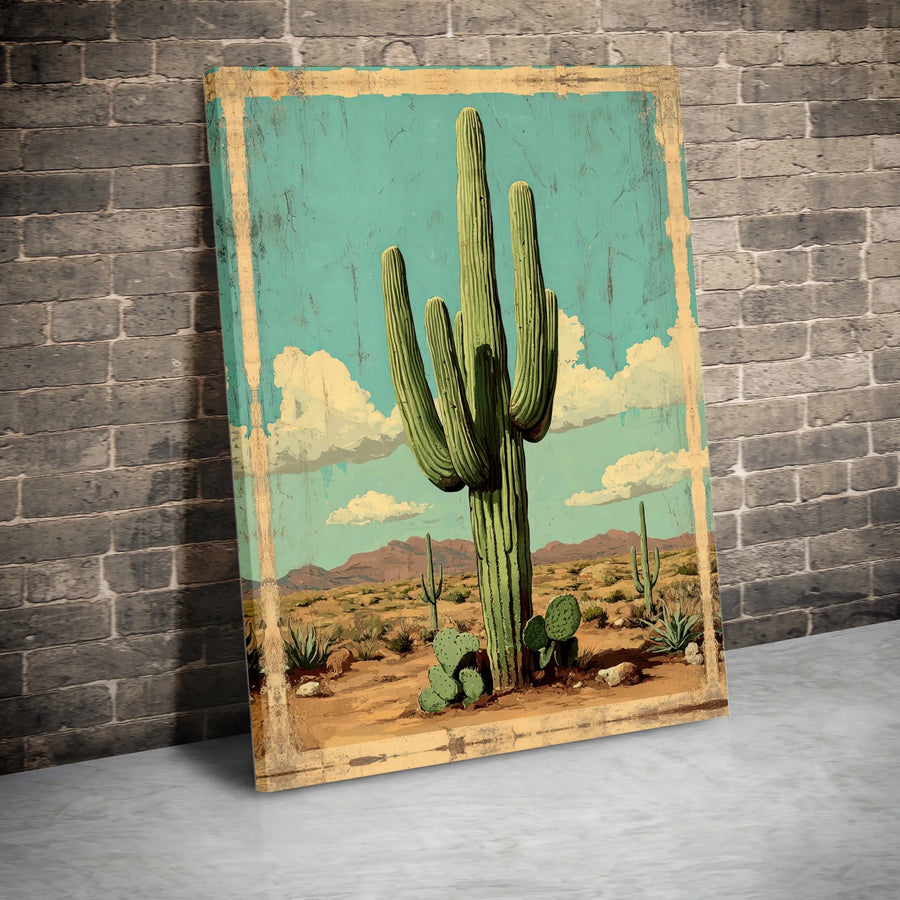 Vintage Saguaro Cactus Wall Art | Desert Landscape Gallery Print | Premium 1.25" Thick Canvas | Southwestern Home Decor Gift