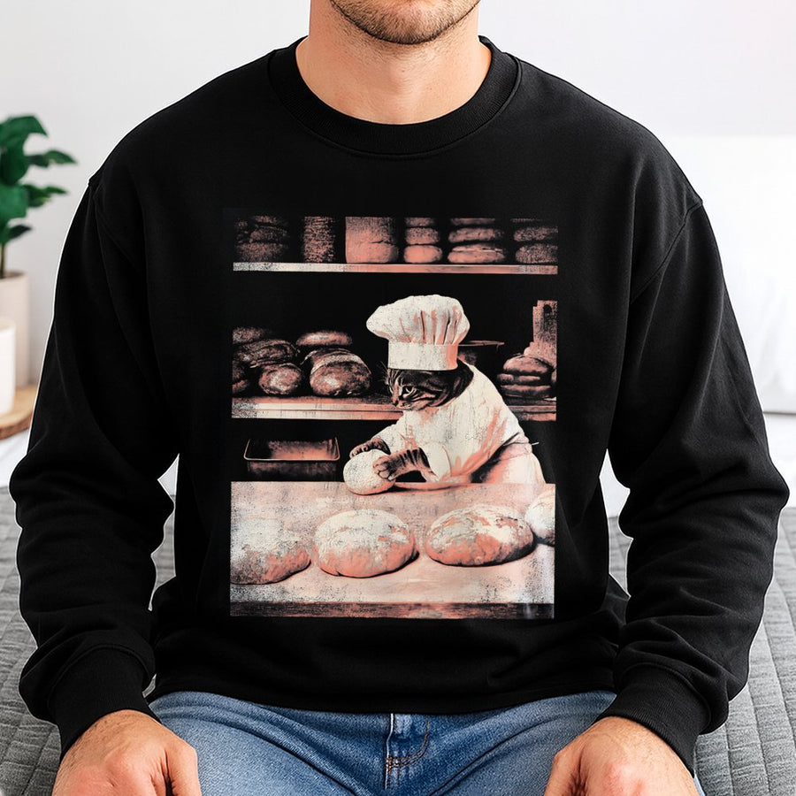 Baker Cat Sweatshirt | Funny Chef Kitten Kneading Dough Graphic | Premium Cotton Blend Crewneck | Cute Foodie Gift for Cat Lovers